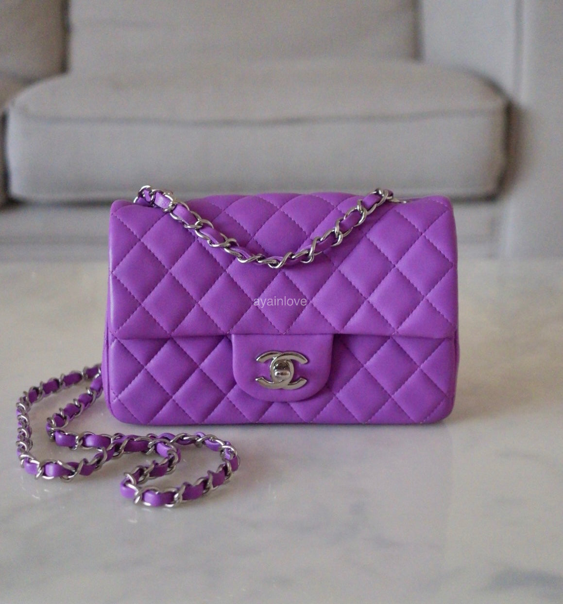 CHANEL 20C Purple Lambskin Quilted Rectangular Mini Flap Bag Silver Hardware