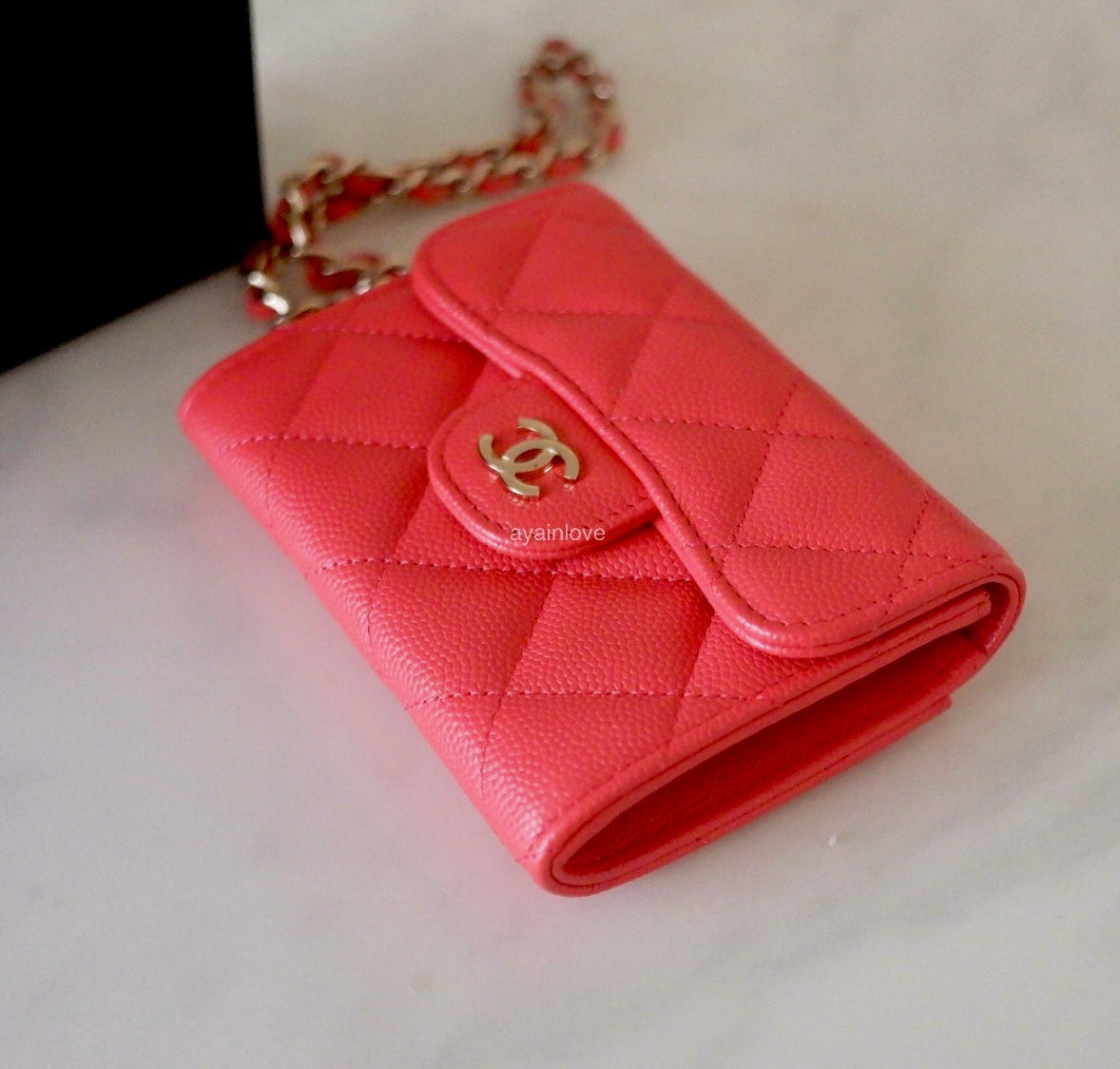 CHANEL Red Caviar Wristlet XL Flap Card Holder Light Gold Hardware