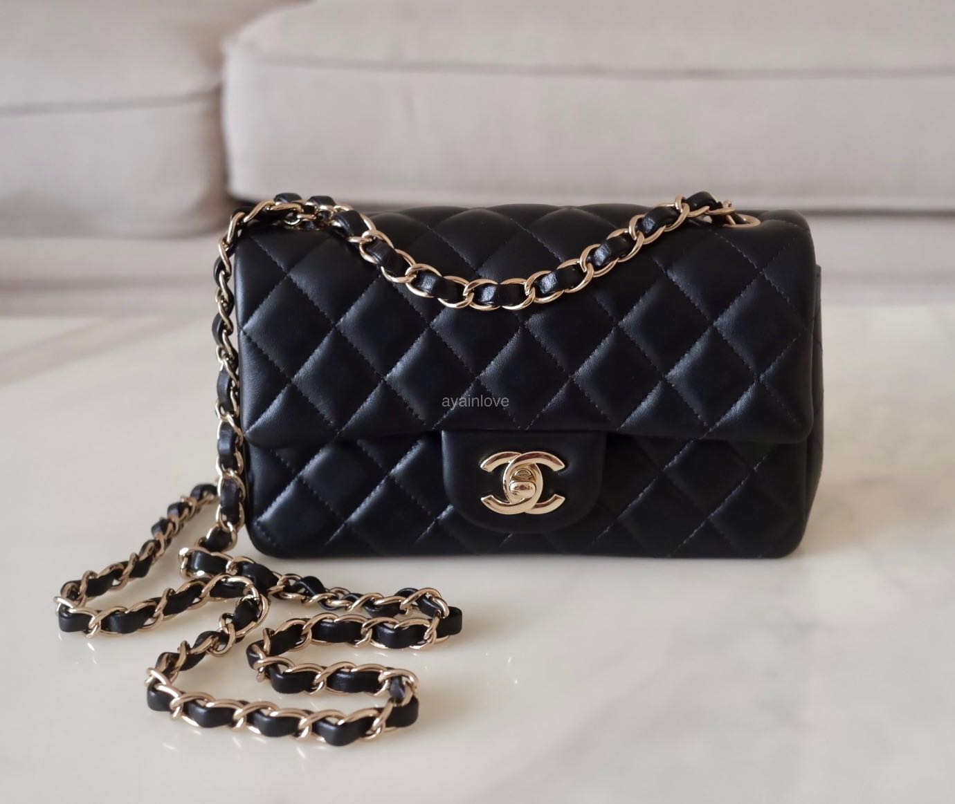 CHANEL Black Lamb Skin Quilted Classic Rectangular Mini Microchipped Light Gold Hardware