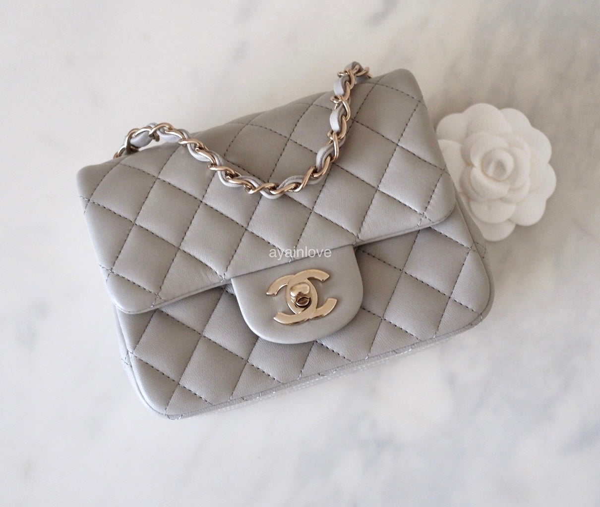 CHANEL 22C Light Grey Lamb Skin Quilted Square Mini Flap Bag Light Gol AYAINLOVE CURATED LUXURIES