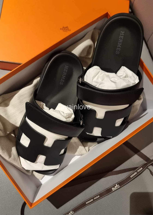 HERMES Black Noir Chypre Calfskin Sandals Size 37.5EU