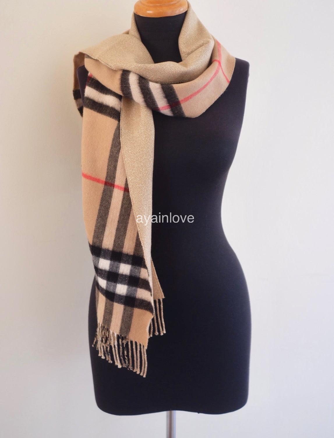 BURBERRY Reversible Wide Check Cashmere Archive Beige Glitter Gold Scarf