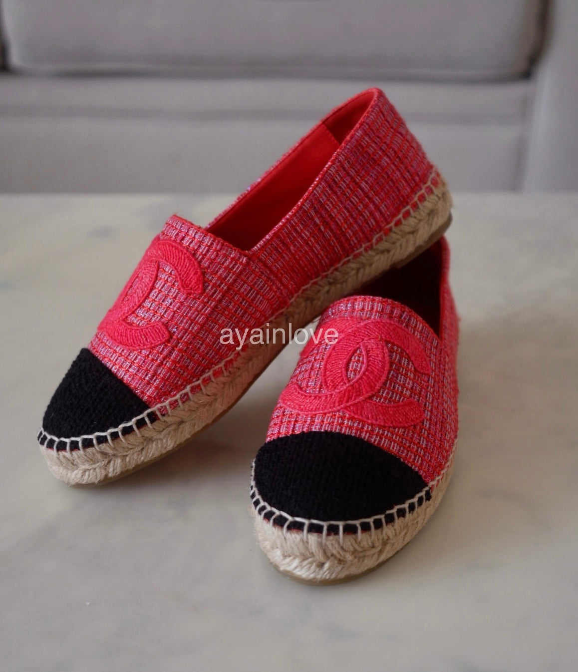 CHANEL Red Black Tweed Espadrilles Shoes Size 38 EU