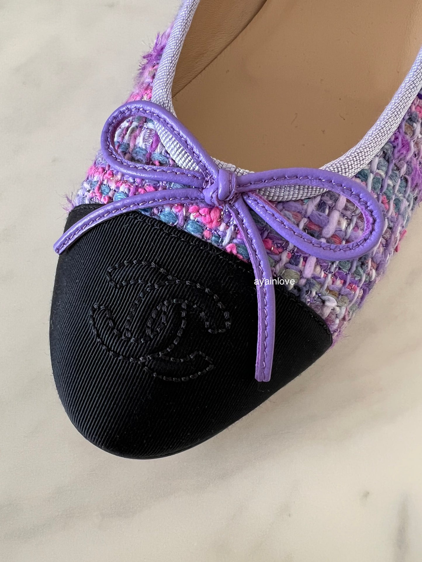 CHANEL CC Purple Multicolour Tweed Ballet Shoes Size 38 EU