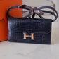 HERMES Constance Blue Indigo Bicolor Verso Shiny Alligator Long Wallet To Go Rose Gold Hardware