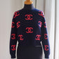 CHANEL 21P Cashmere Navy Blue Pink CC Logo Sweater Pullover Knitwear Size 42FR