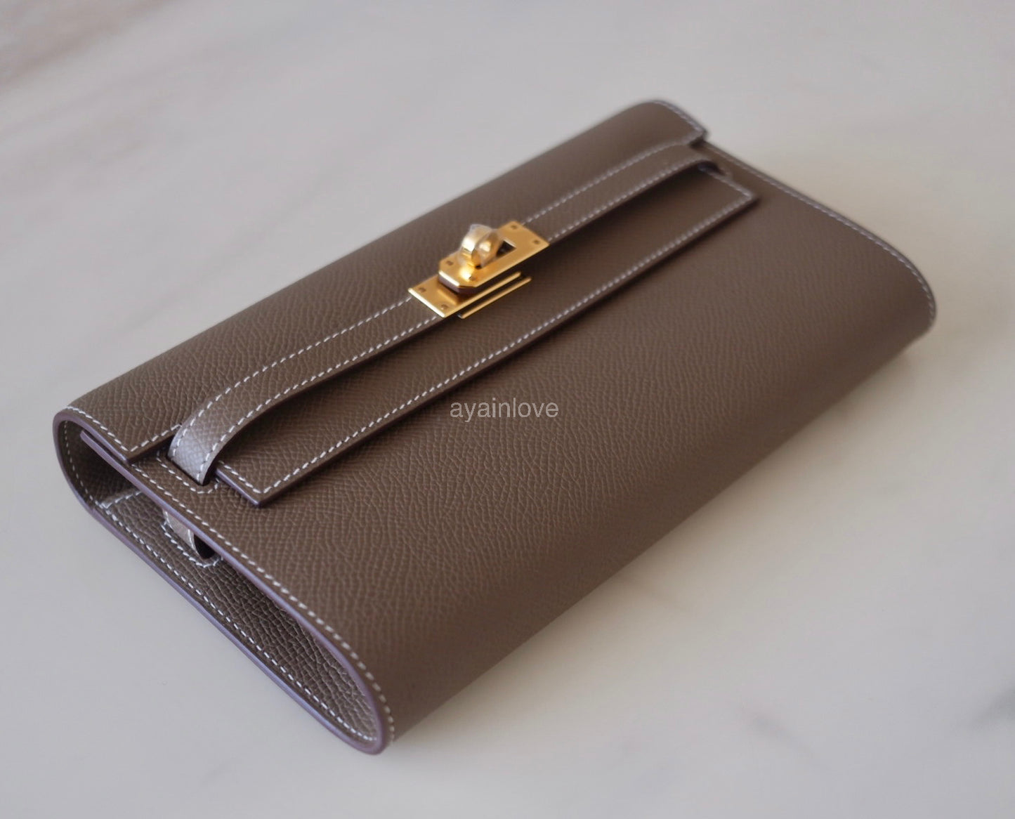 HERMES Kelly To Go 18 KTG Clutch Epsom Etoupe Gold Hardware