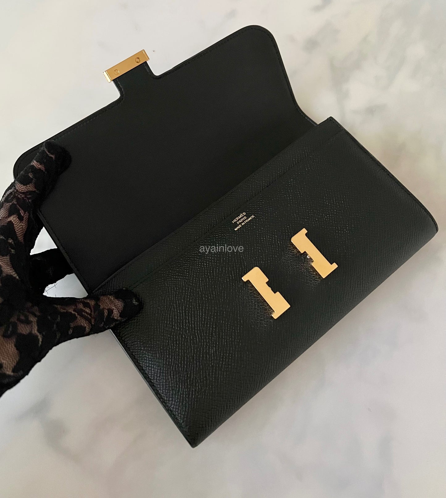 HERMES Constance Noir Black Epsom Long Flap Wallet Gold Hardware