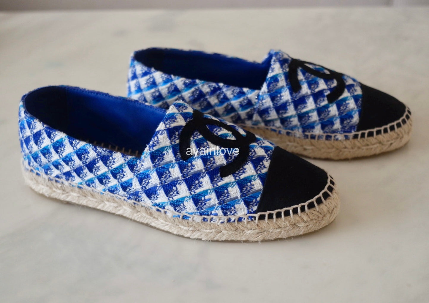 CHANEL 19C Multicolour Blue Black White Tweed Espadrilles Shoes Size 38 EU