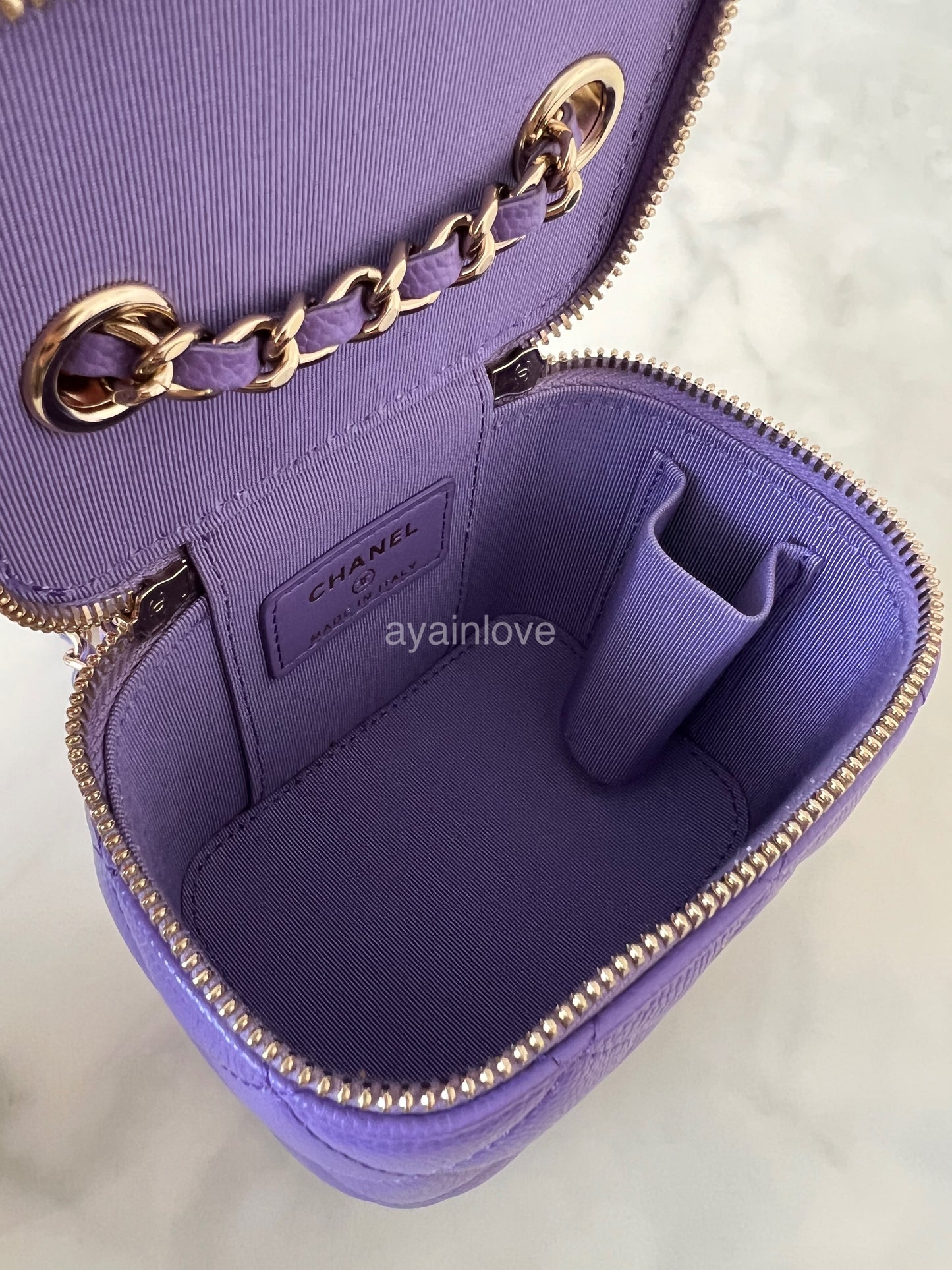 CHANEL 20S Purple Caviar Classic Square Vanity on Chain Light Gold Hardware