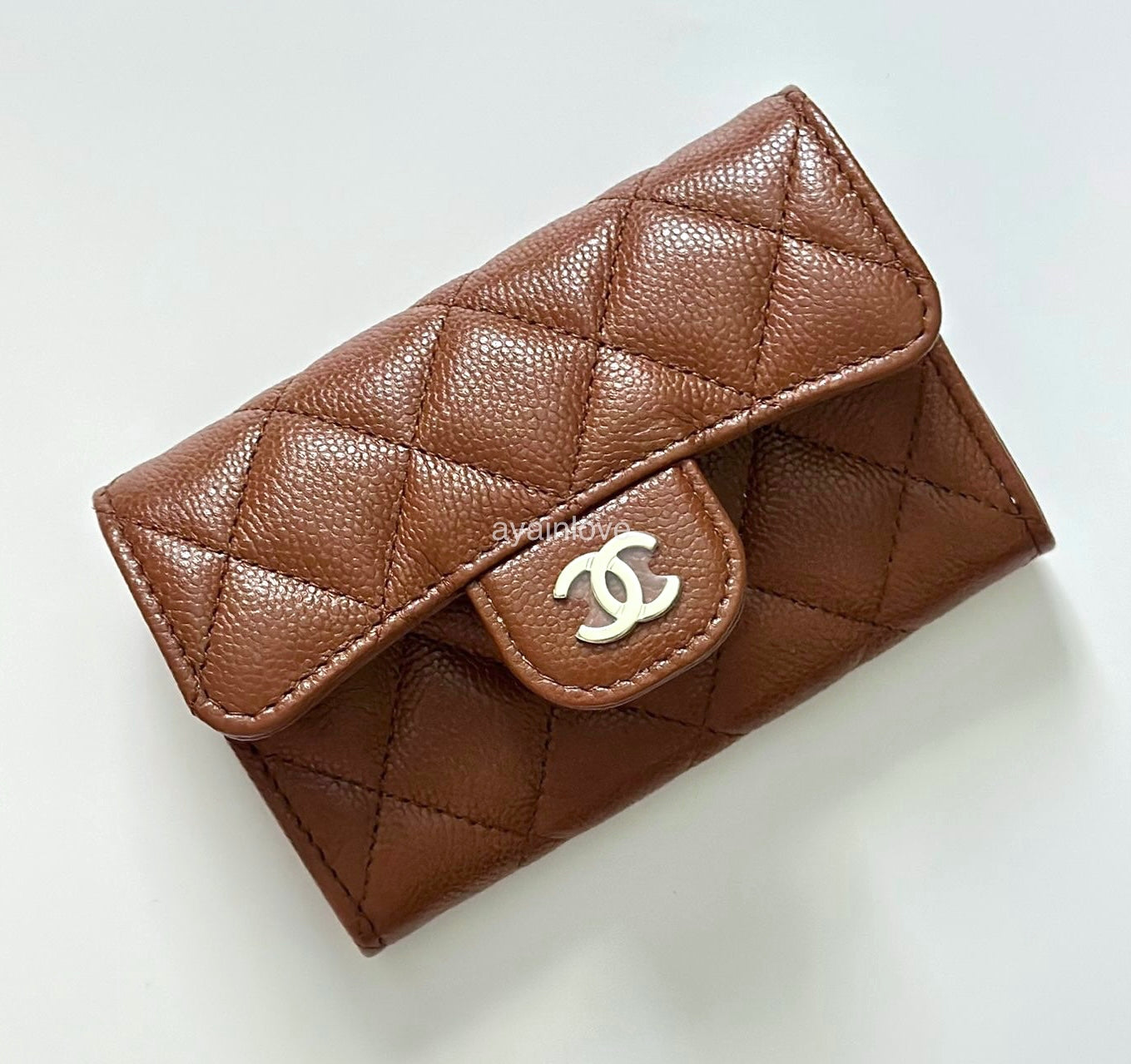 CHANEL 23A Caramel Brown Caviar Classic Small Snap Card Holder Light Gold Hardware is