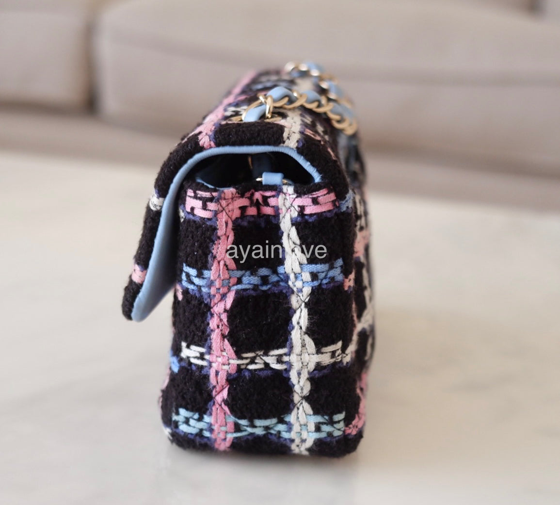 CHANEL 22S Black Multicolour Tweed Rectangular Mini Flap Bag Light Gold Hardware