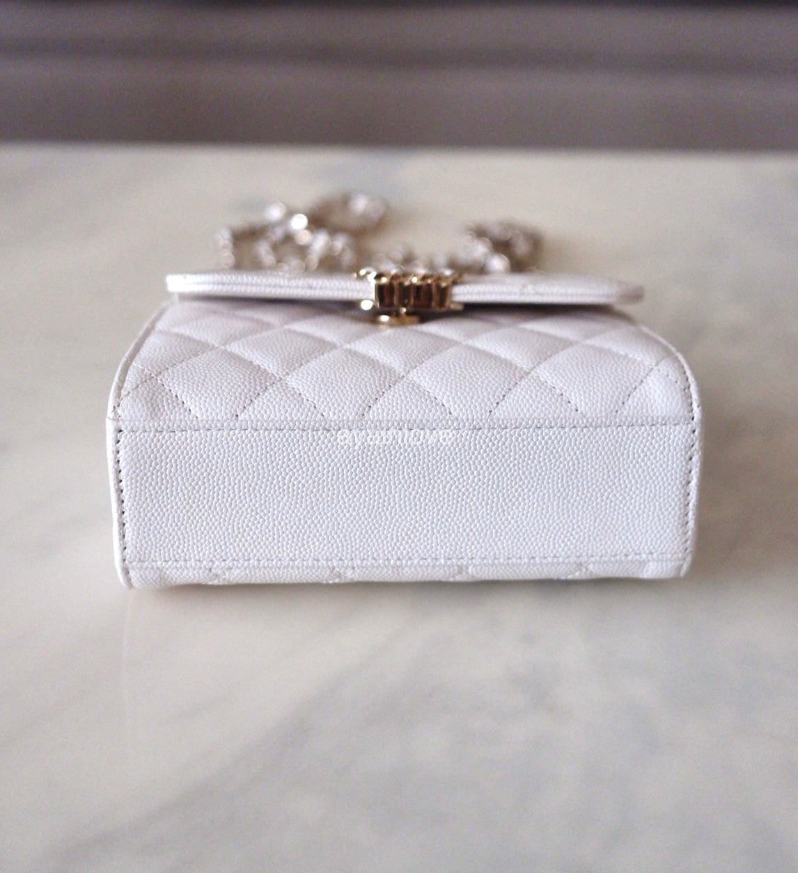 CHANEL 23P White Caviar Kelly Clutch Top Handle with Chain Light Gold Hardware