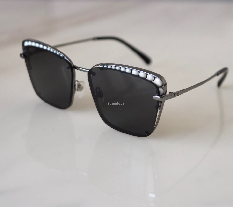 CHANEL Pearl Metal Silvertone Dark Grey Square Sunglasses 4235-H