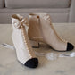 CHANEL White Ecru Black Pearl Ankle Boots Shoes Size 39 EU