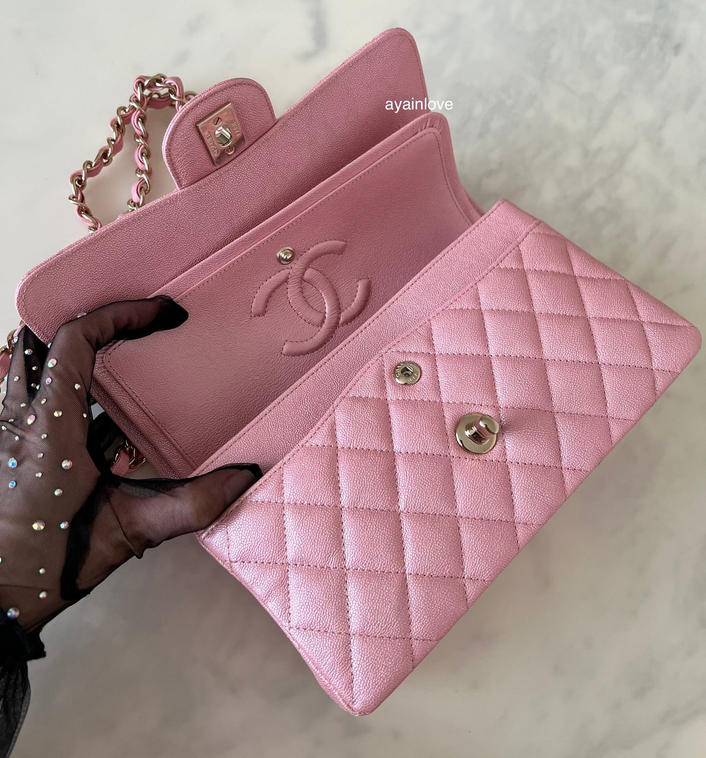 CHANEL 19S Iridescent Pink Caviar Small Classic Flap Light Gold Hardware