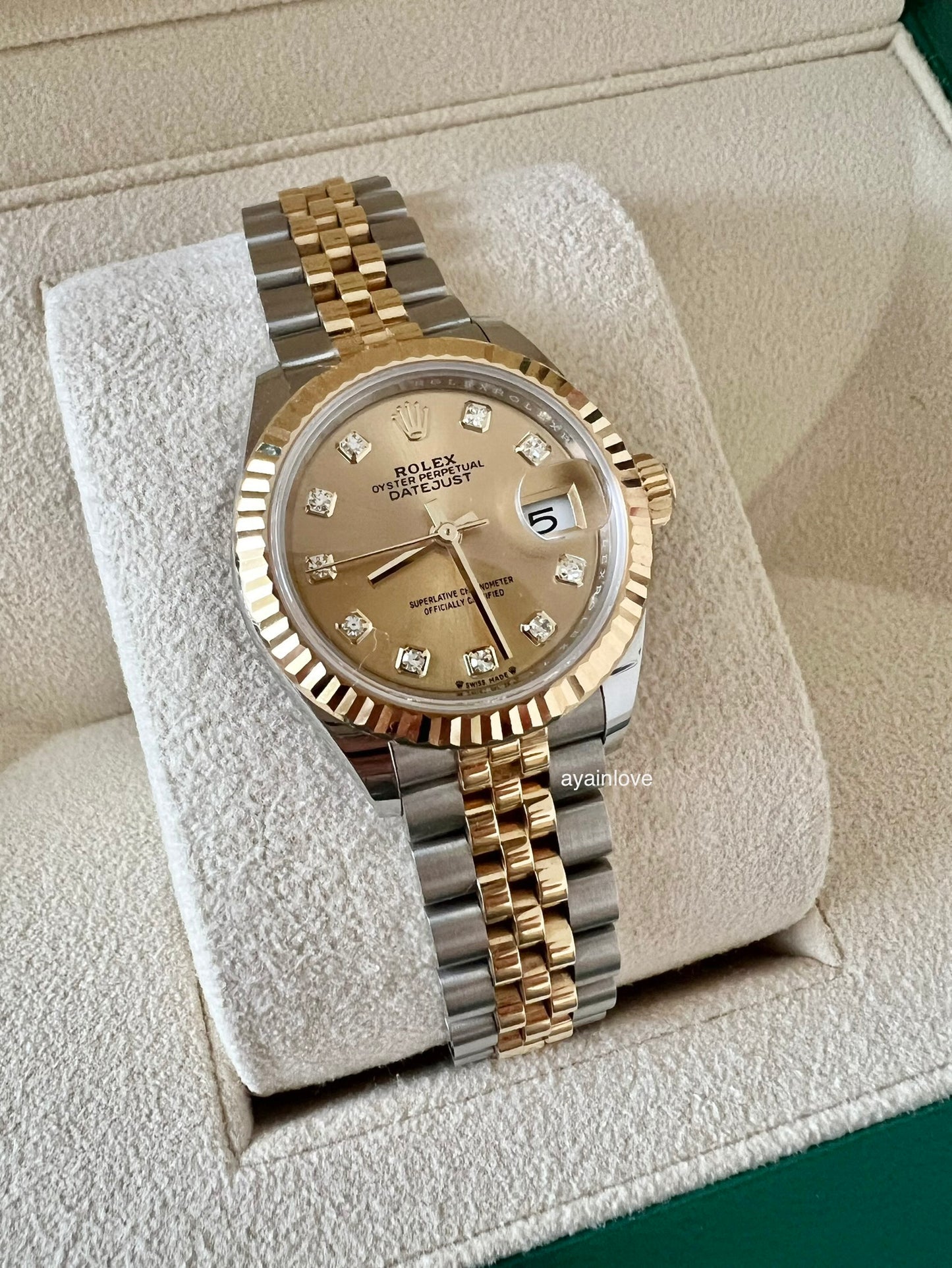 ROLEX Datejust 28 Champagne 10 Diamonds Dial Fluted Bezel Two-Tone Jubilee Bracelet 279173