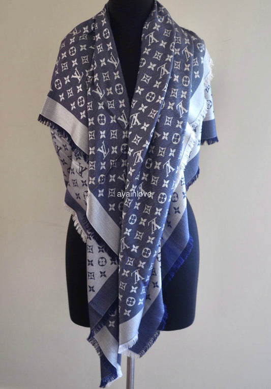 LOUIS VUITTON LV Monogram Denim Blue M71376 Silk Wool Large Shawl Scarf Stole