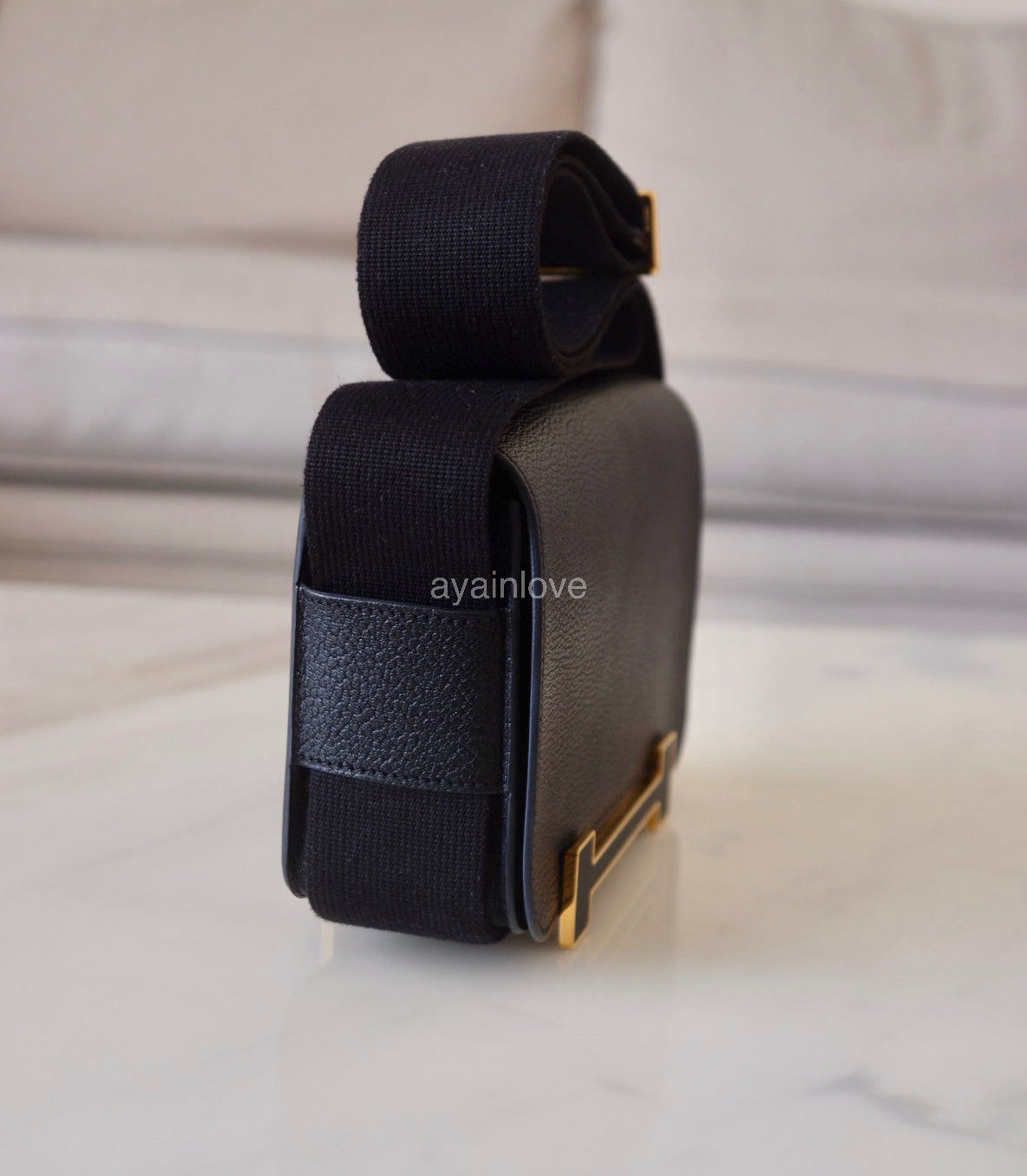 HERMES Geta Black Noir Chevre Mysore Goat Skin Gold Hardware Z Stamp