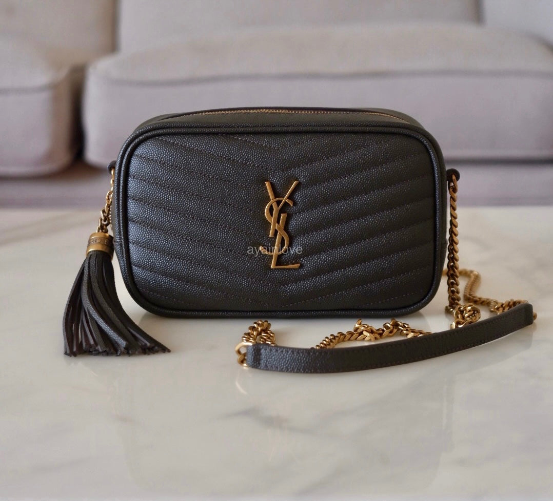 Yves Saint Laurent YSL Light Musk Green Calf Skin Mini Lou Chevron Quilting Gold Hardware