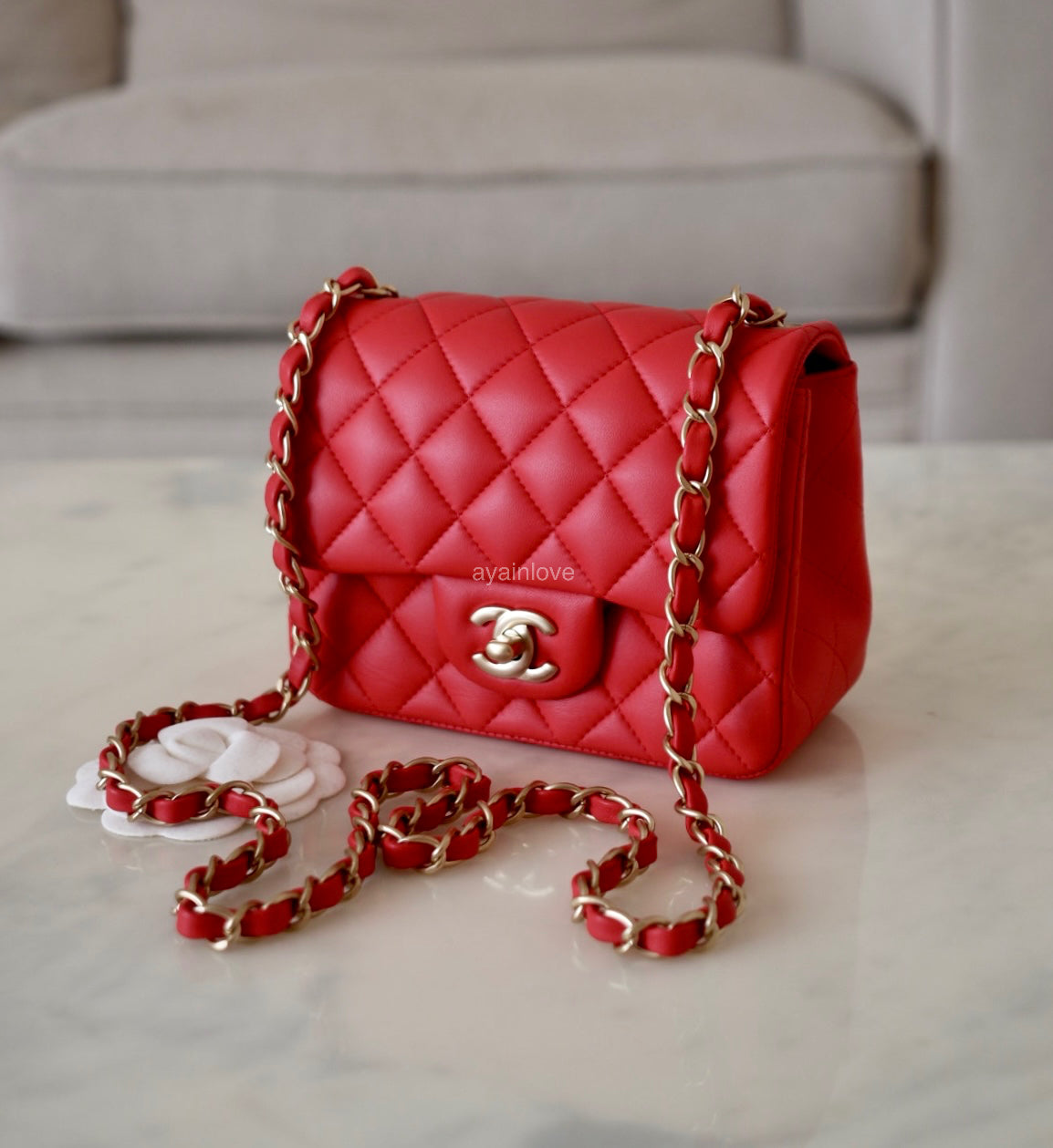 CHANEL 13S Red Lambskin Quilted Square Mini Flap Bag Matte Gold Hardware