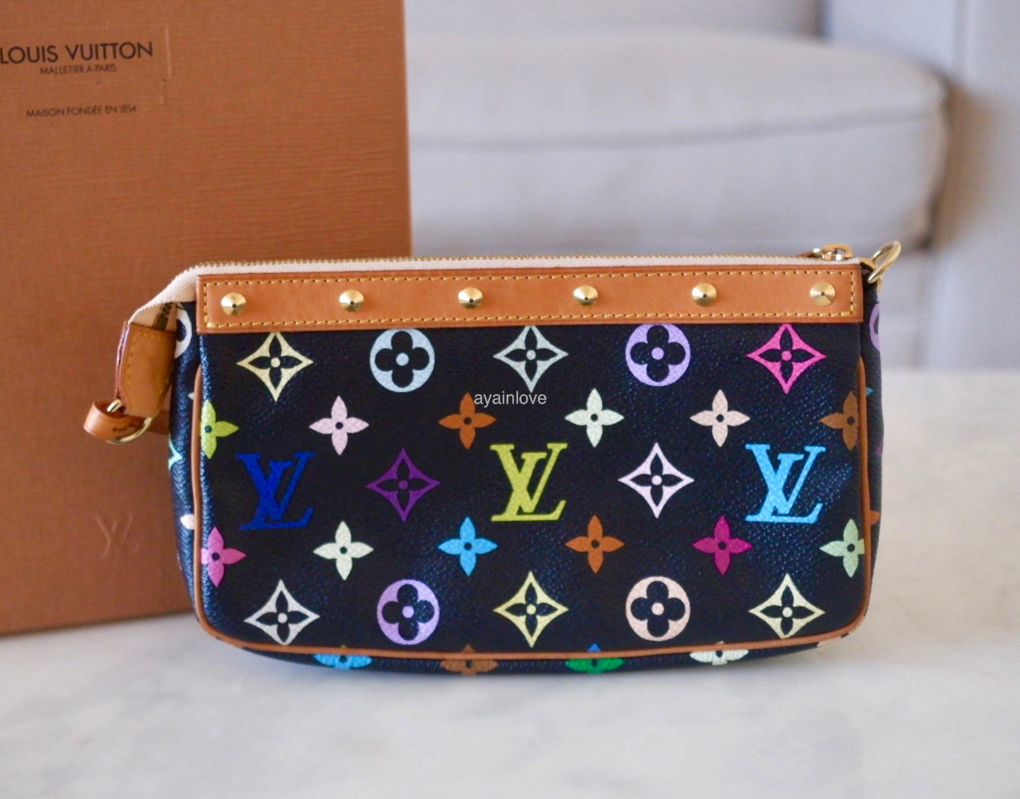 LOUIS VUITTON Pochette Accessories Black Multicolour Murakami Bag Gold Hardware