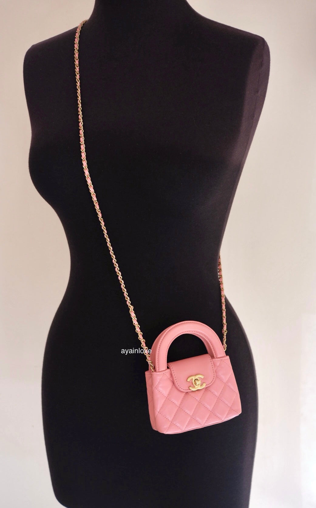 CHANEL 23K Pink Shiny Calf Skin Micro Shopping Bag Kelly Clutch on