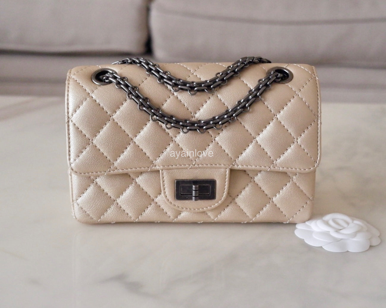 CHANEL 19K Iridescent Light Beige Sheepskin 2.55 Reissue 224 Mini Flap Bag Ruthenium Hardware