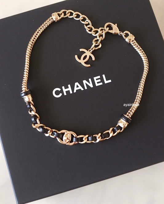 CHANEL 21S CC Turnlock Black Leather Chain Choker Necklace Light Gold Hardware