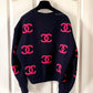 CHANEL 21P Cashmere Navy Blue Pink CC Logo Sweater Pullover Knitwear Size 42FR