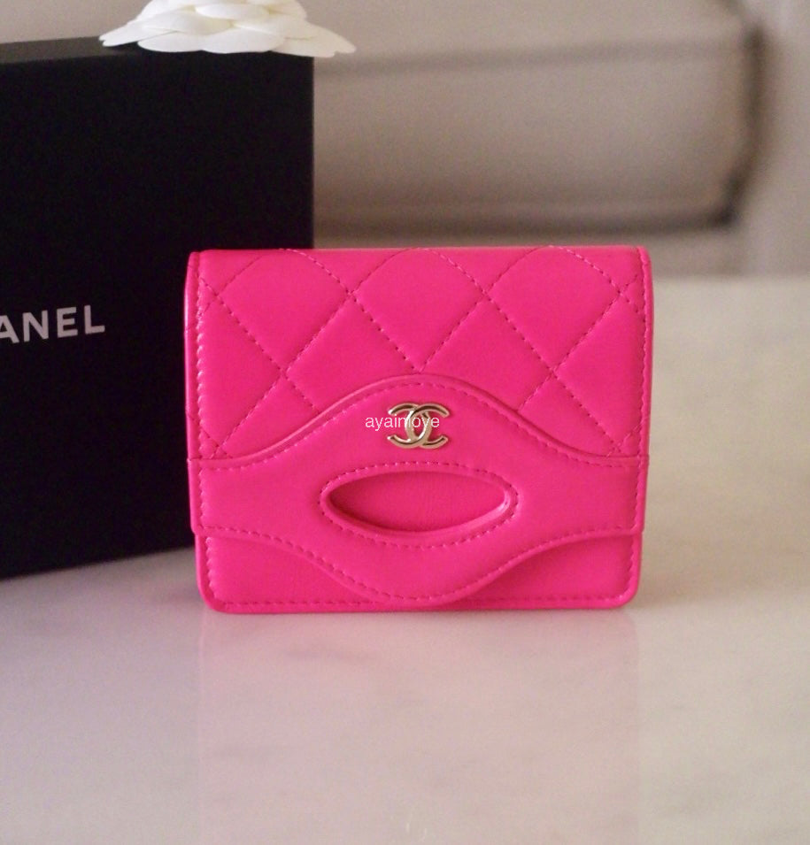 CHANEL 31 Hot Pink Shiny Calfskin Flap Card Holder Light Gold Hardware