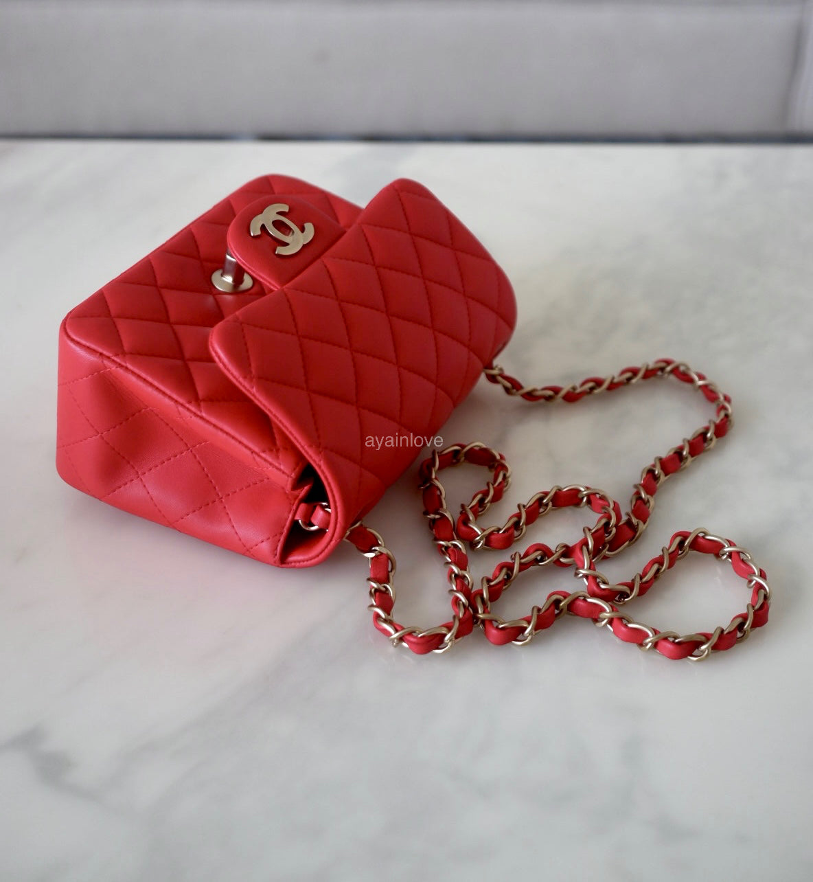 CHANEL 13S Red Lambskin Quilted Square Mini Flap Bag Matte Gold Hardware