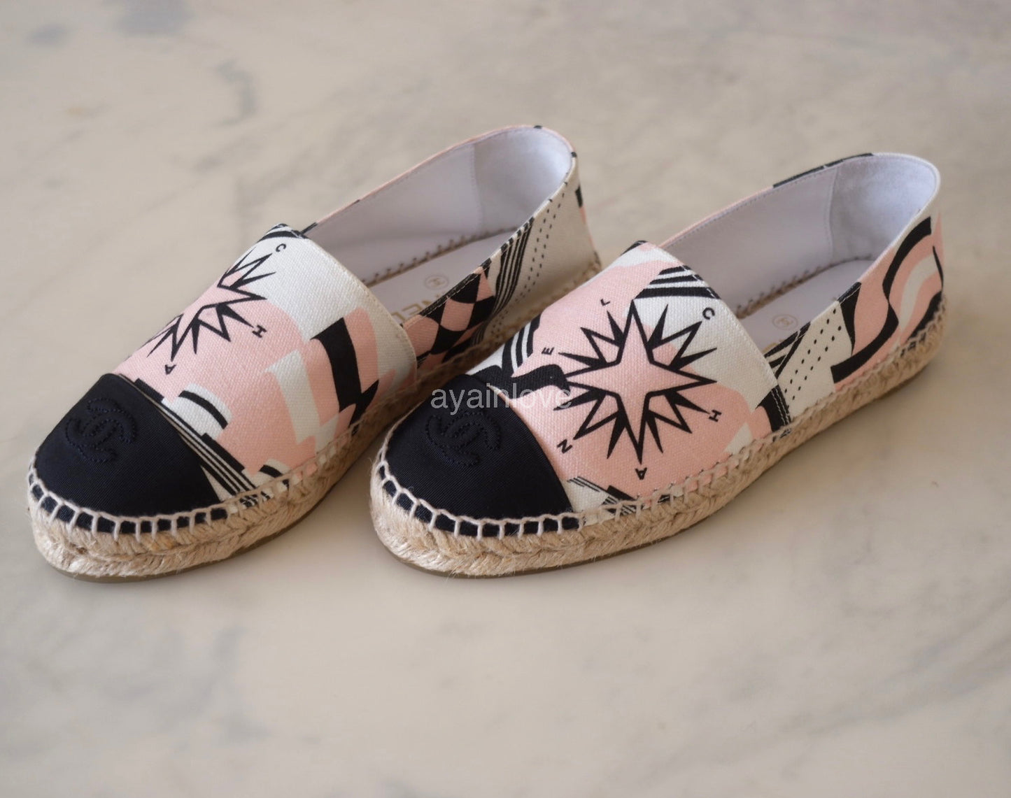 CHANEL 19C Star Pink White Canvas Espadrilles Shoes Size 37 EU