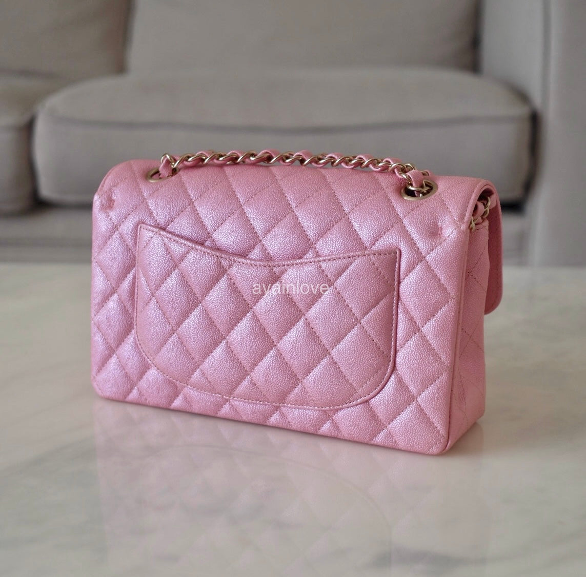 CHANEL 19S Iridescent Pink Caviar Small Classic Flap Light Gold Hardware