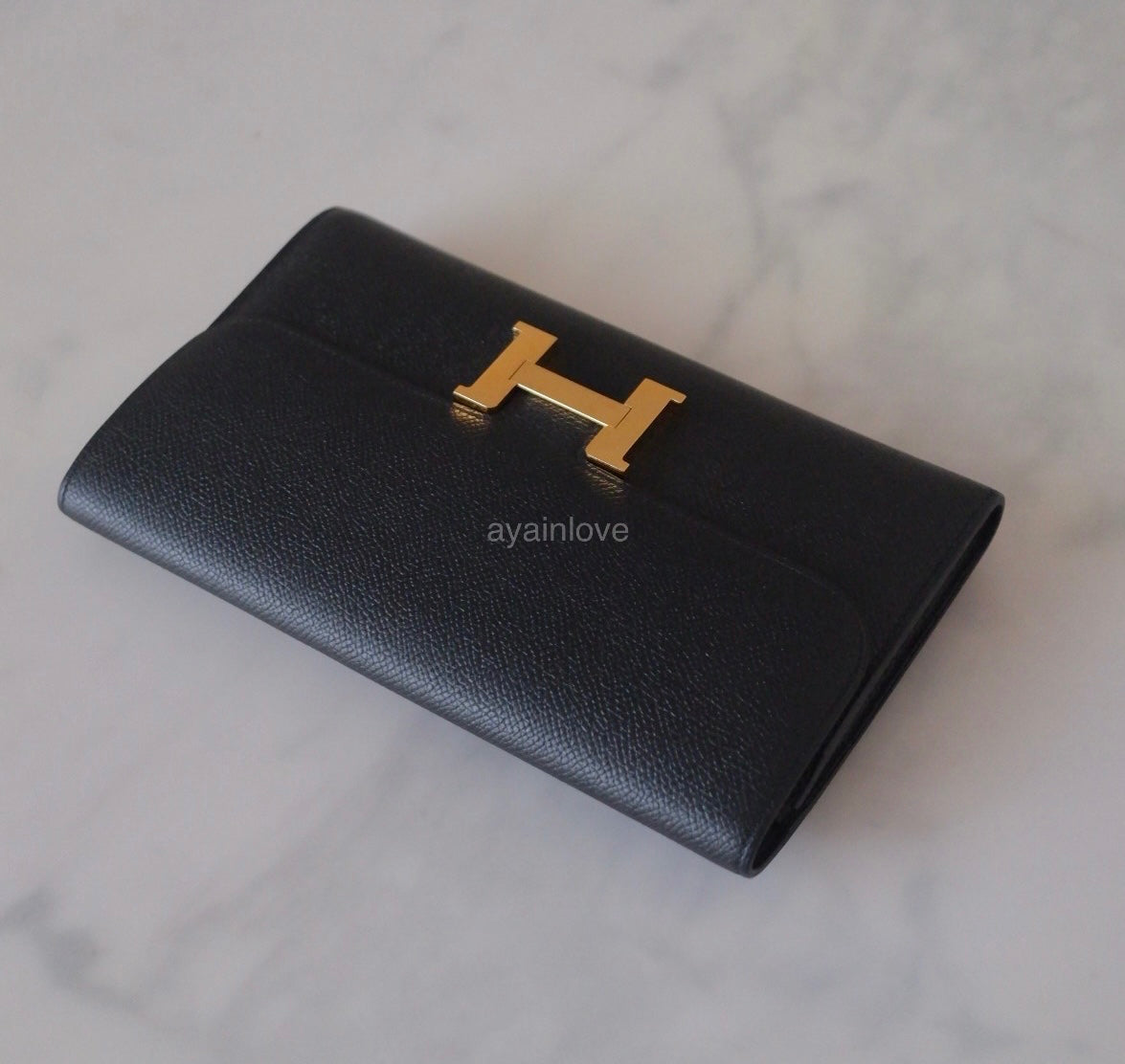 HERMES Constance Noir Black Epsom Long Flap Wallet Gold Hardware