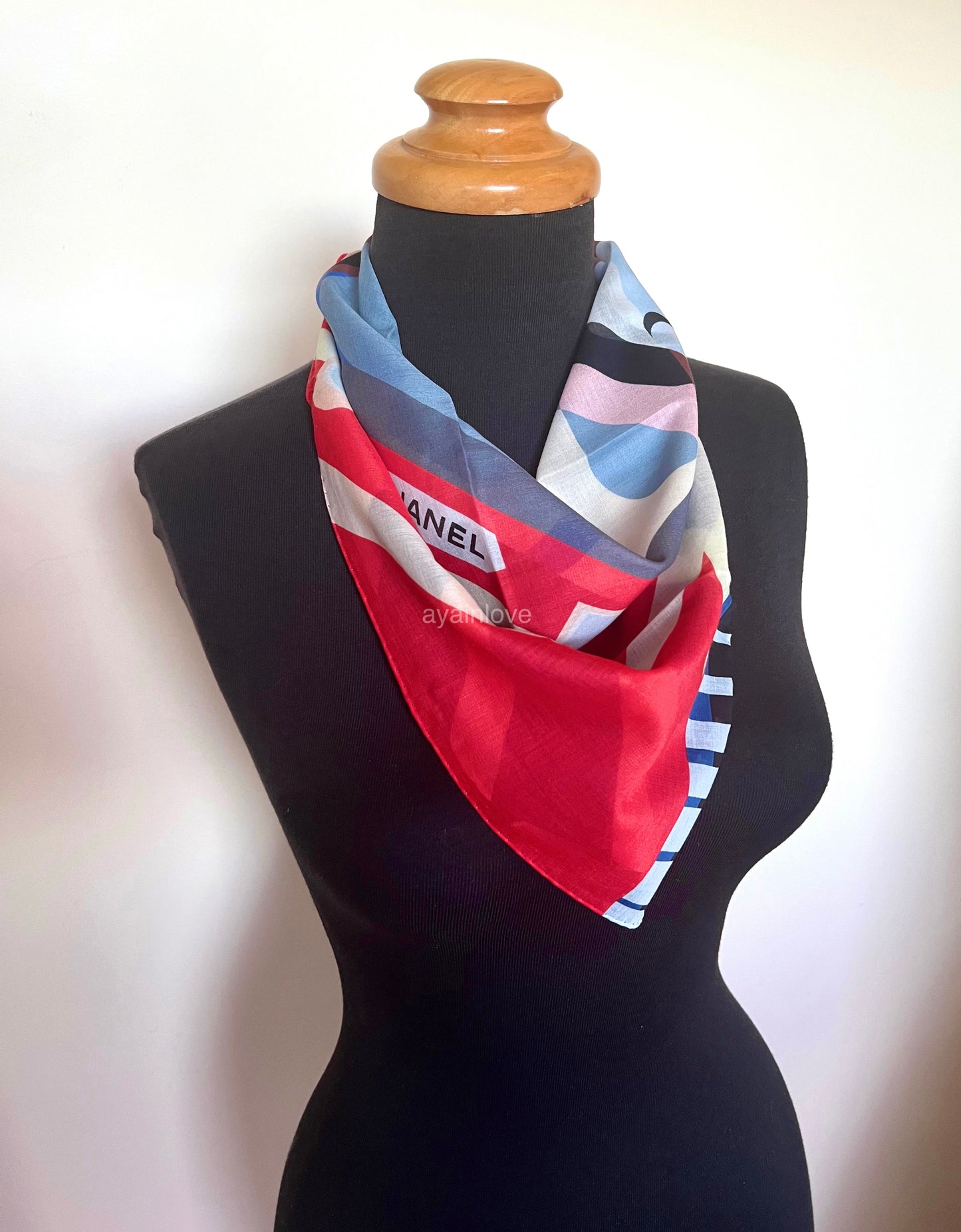 CHANEL Blue Red Cotton Square Scarf 60cm