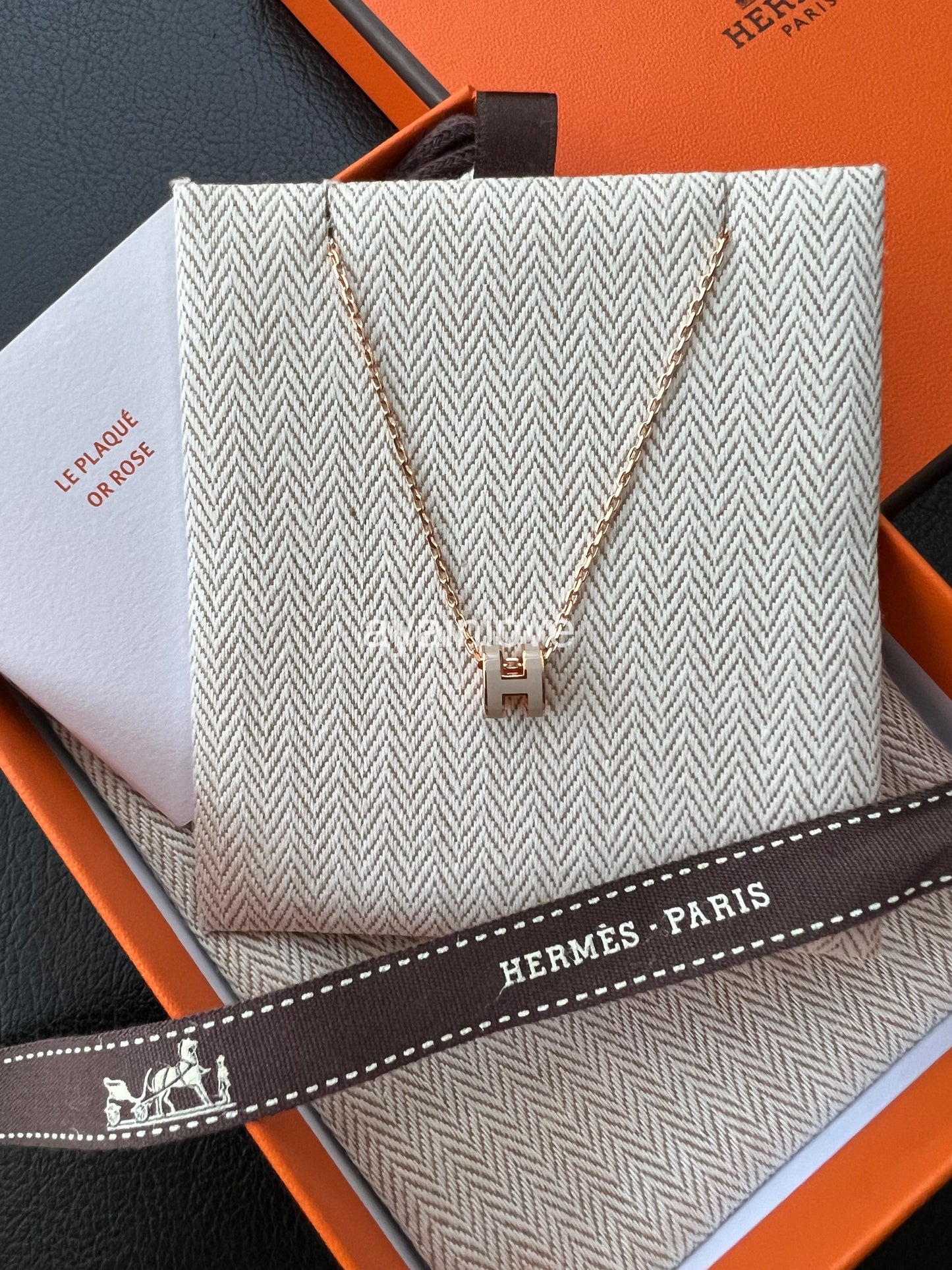 HERMES Mini H Pop Marron Glace Necklace Rose Gold Hardware