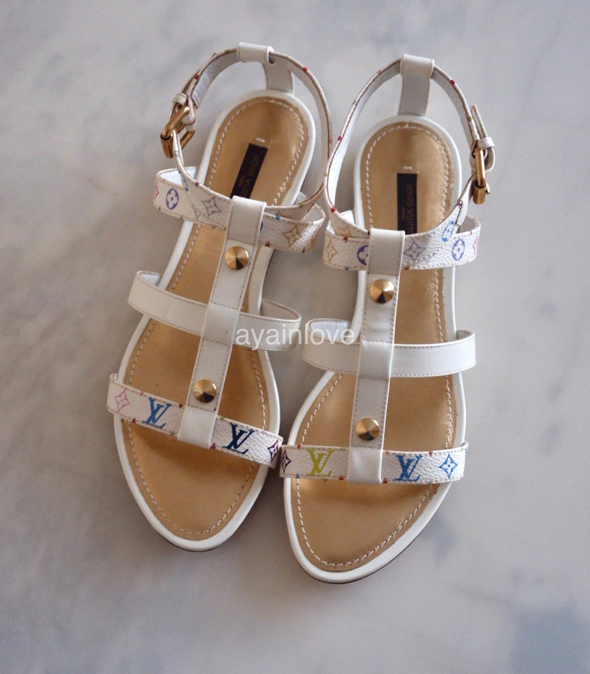 LOUIS VUITTON White Multicolour Murakami Ankle Sandal Strap Gold Hardware Sz 37