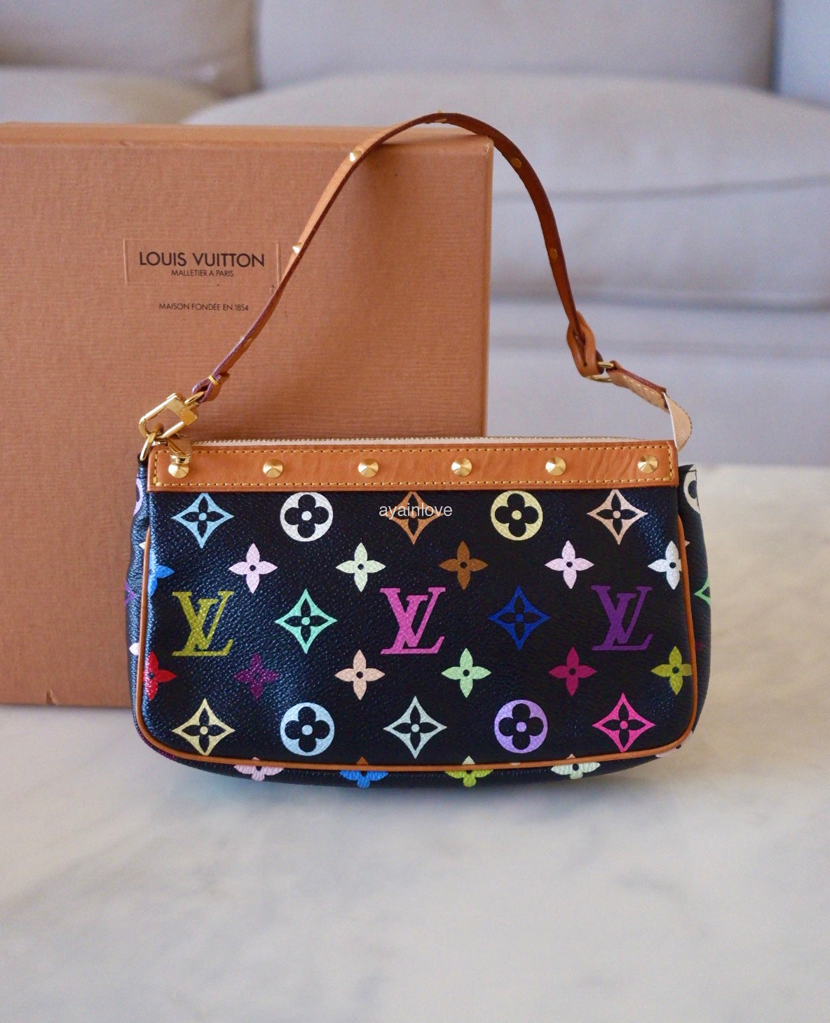 LOUIS VUITTON Pochette Accessories Black Multicolour Murakami Bag Gold Hardware