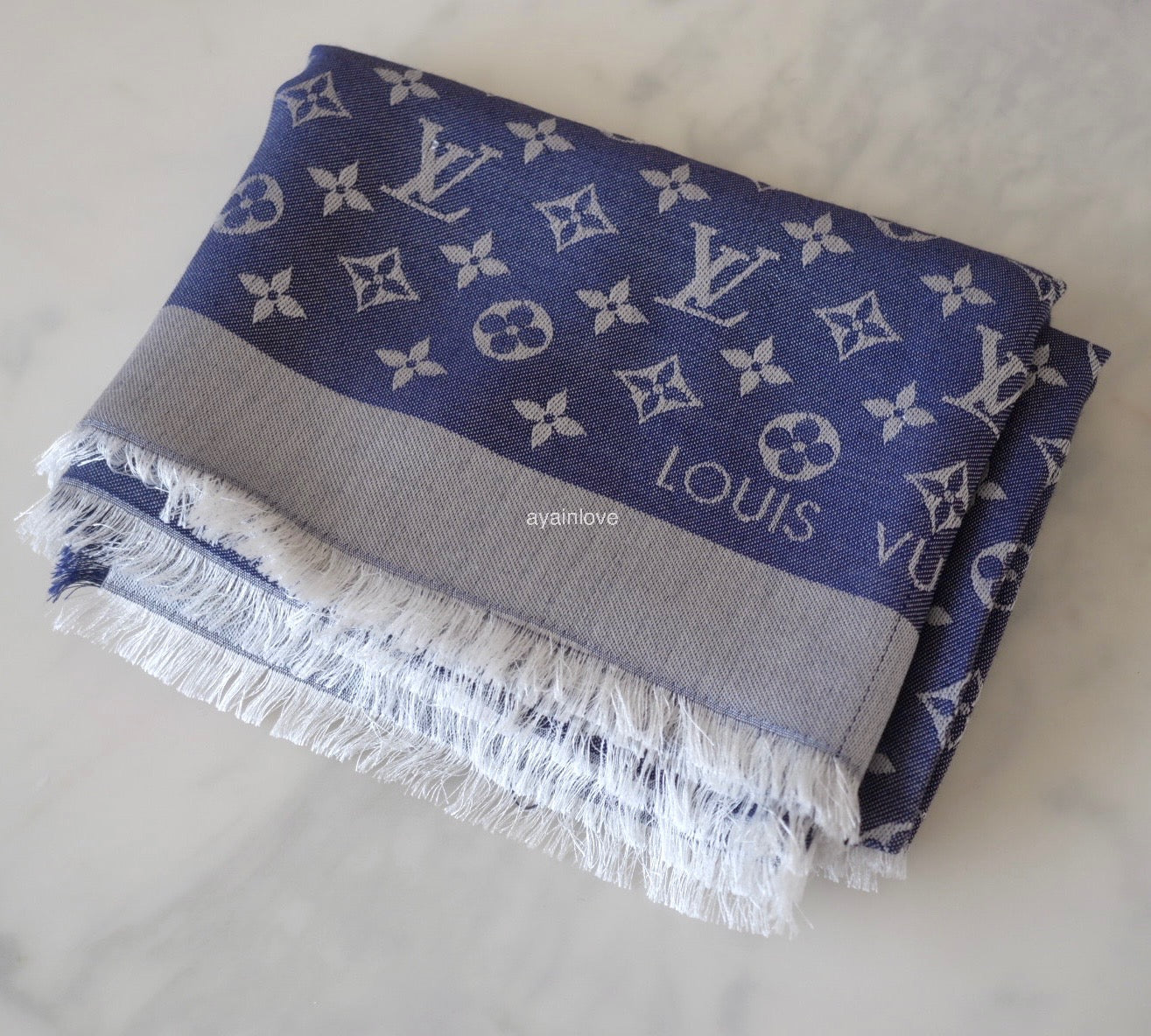 LOUIS VUITTON LV Monogram Denim Blue M71376 Silk Wool Large Shawl Scarf Stole