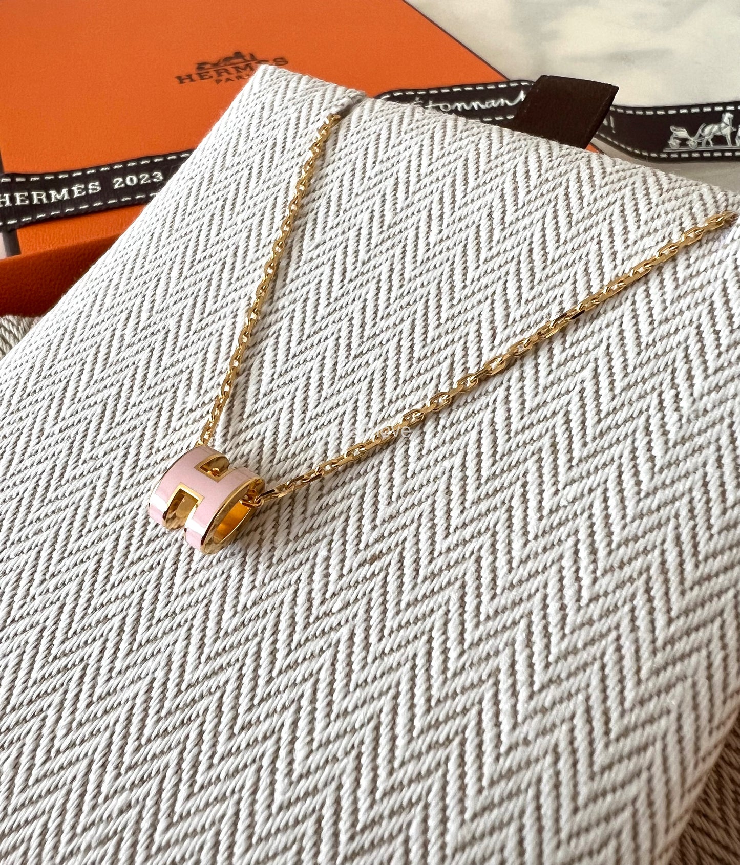 HERMES H Pop Mini Pink Rose Dragee Necklace Gold Hardware