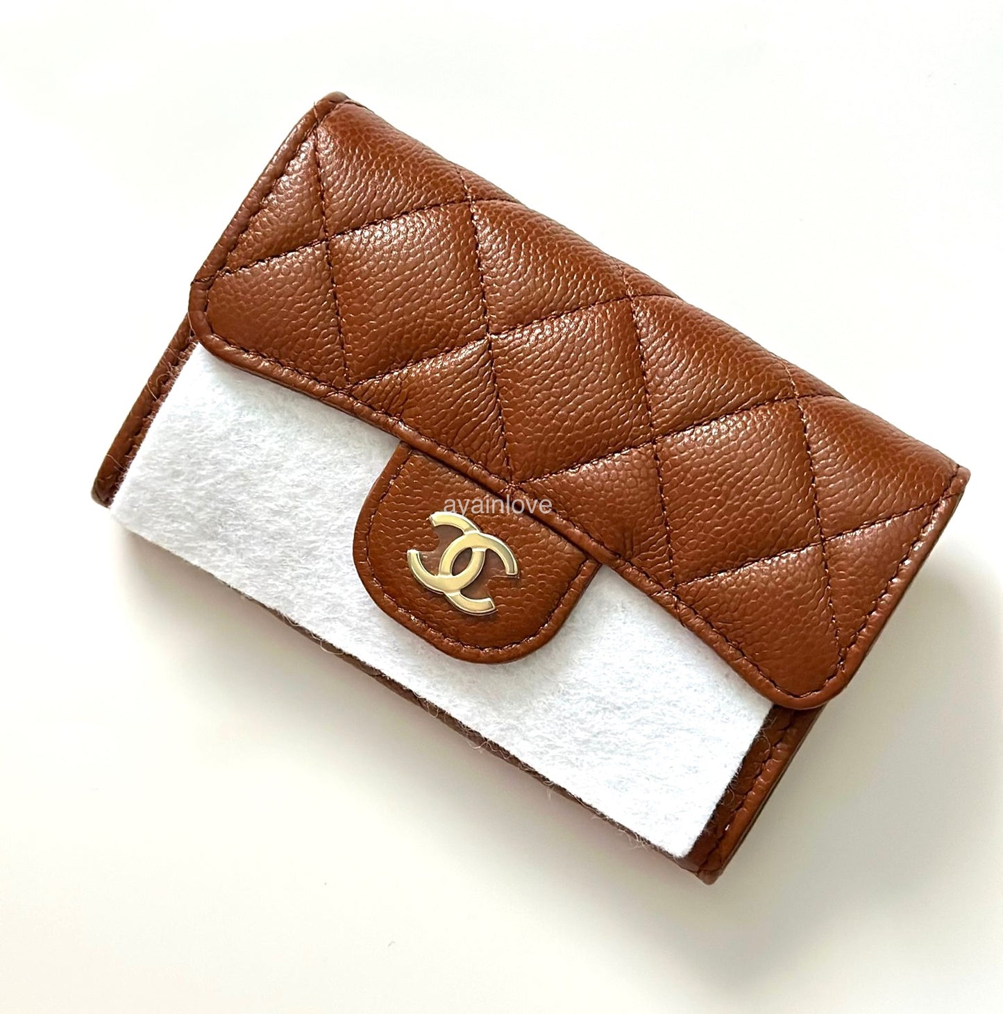 CHANEL 23A Caramel Brown Caviar Classic Small Snap Card Holder Light Gold Hardware is