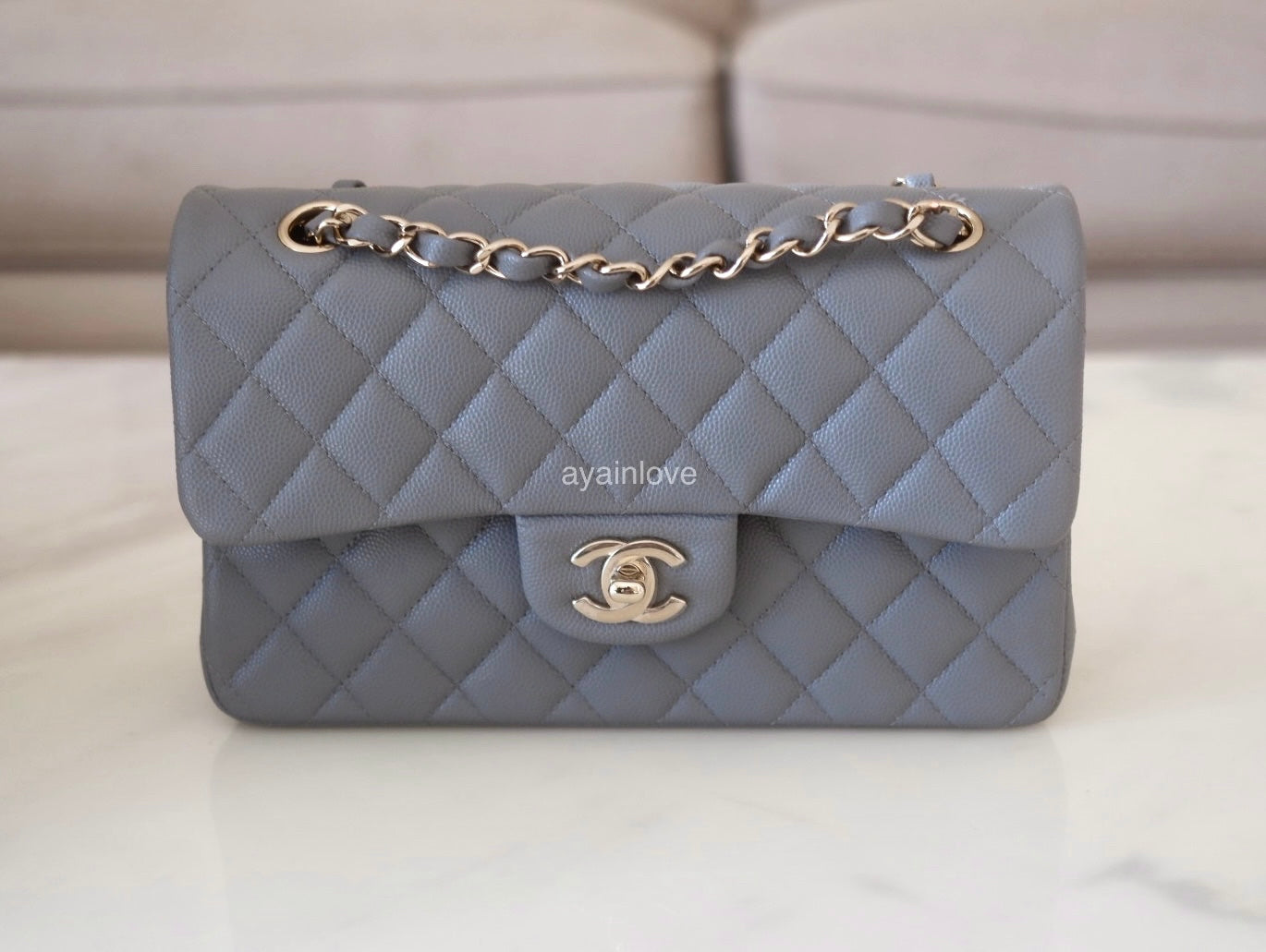 CHANEL 20C Grey Caviar Small Classic Flap Light Gold Hardware