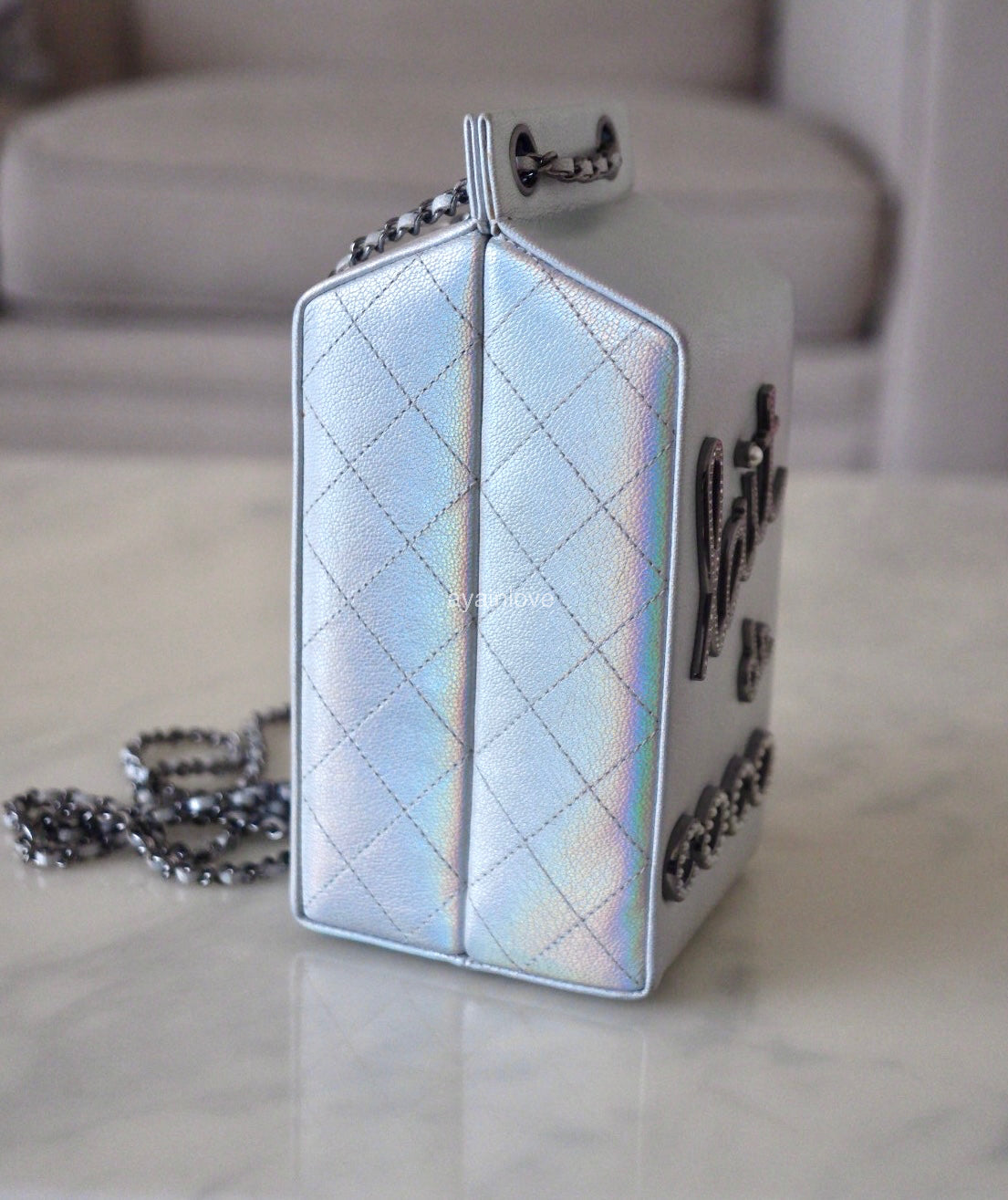 CHANEL 14K Limited Edition Runway Iridescent Silver Goatskin Lait de Coco Milk Carton Bag Shiny Ruthenium Hardware