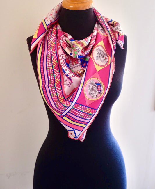 HERMES Pink Silk Colliers et Chiens Shawl Scarf 90