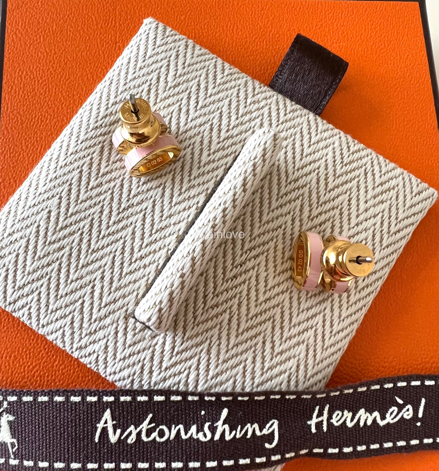 HERMES H Pop Mini Pink Rose Dragee Stud Earrings Gold Hardware