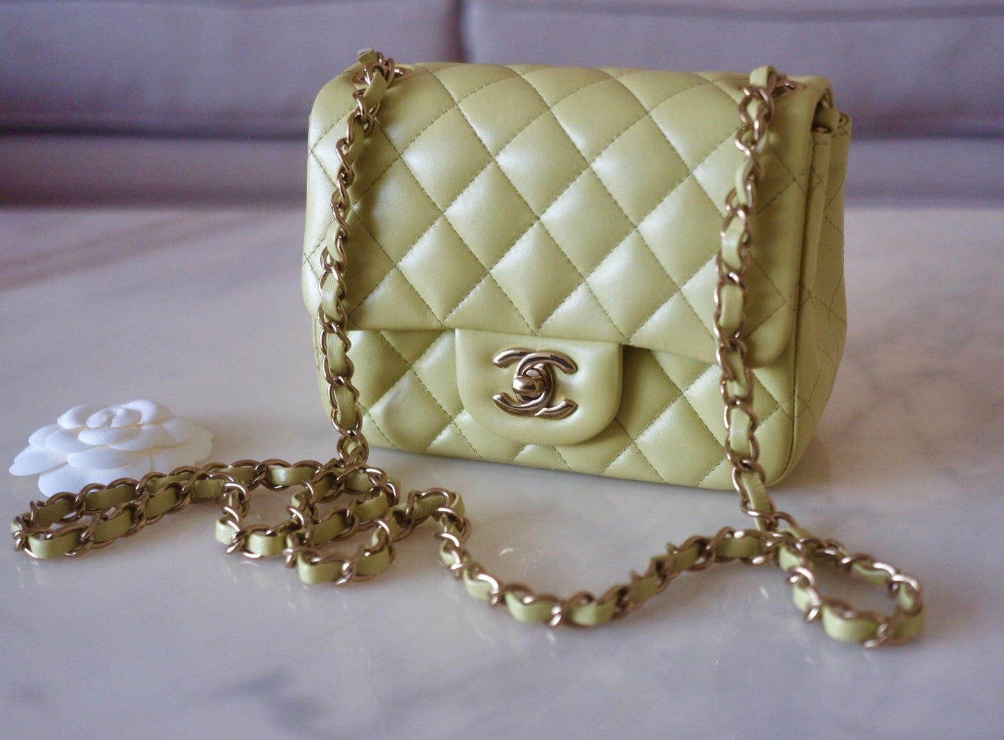 CHANEL 23C Light Green Microchipped Classic Quilted Square Mini Flap Bag Light Gold Hardware