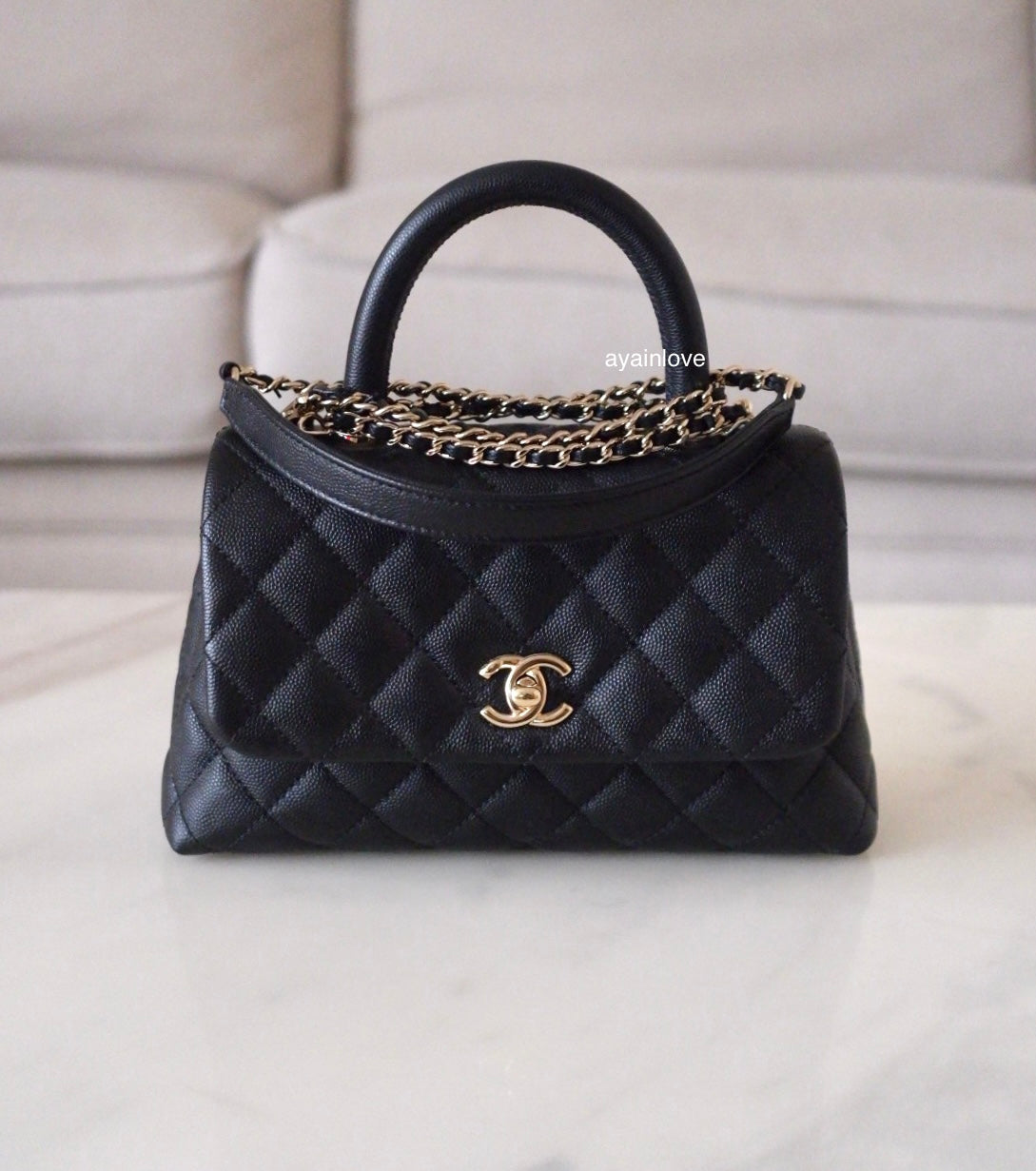 CHANEL Black Caviar Quilted Small Coco Handle 24 cm Light Gold Hardware