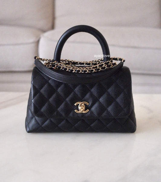 CHANEL Black Caviar Quilted Small Coco Handle 24 cm Light Gold Hardware