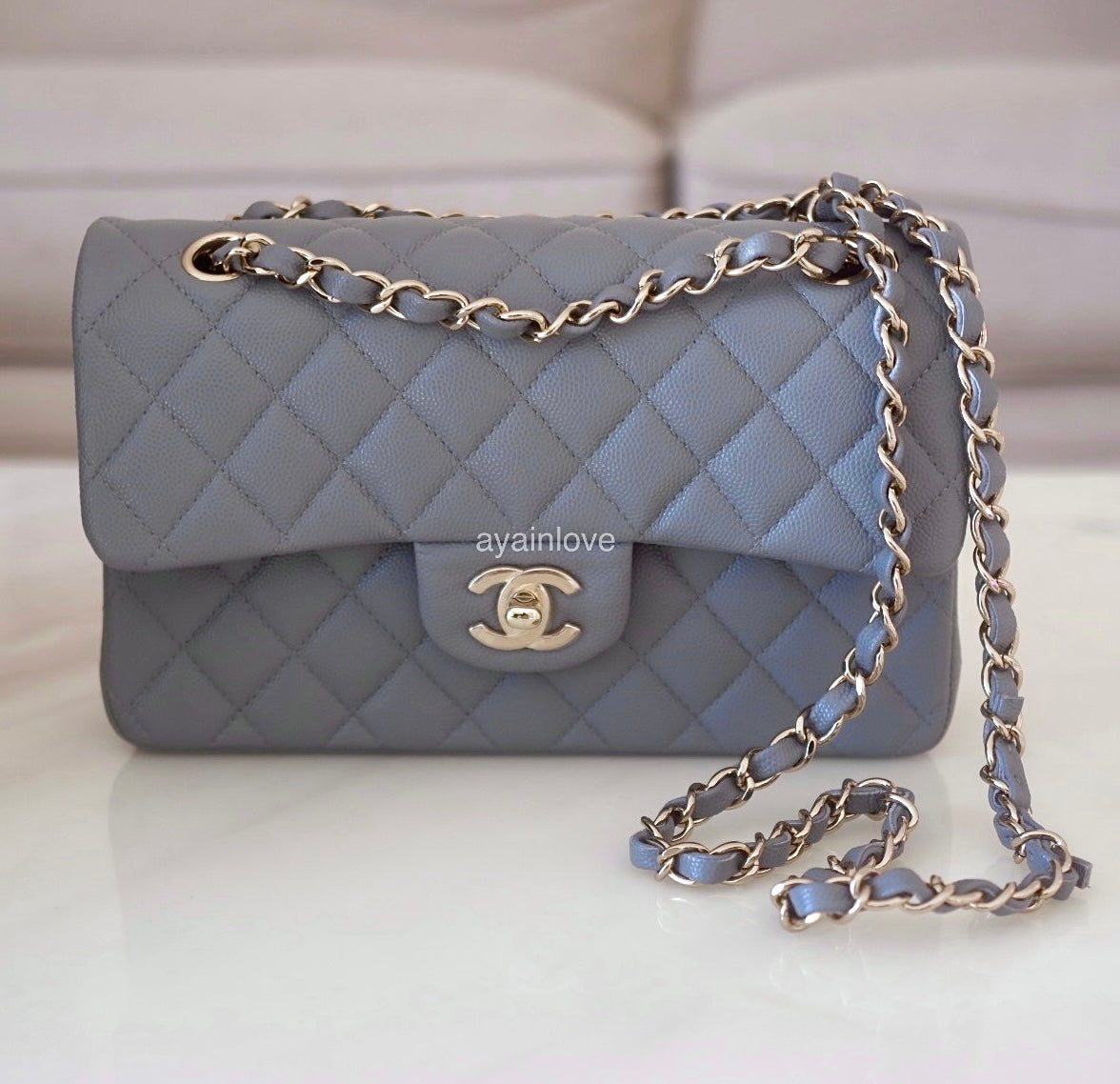 CHANEL 20C Grey Caviar Small Classic Flap Light Gold Hardware